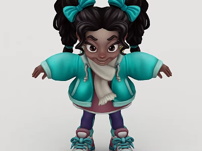 Cartoon Girl With Pigtails Bows Teal Jacket White Scarf Purple Pants Blue Sneakers Arms Outstretched 3d model