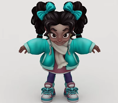 Cartoon Girl With Pigtails Bows Teal Jacket White Scarf Purple Pants Blue Sneakers Arms Outstretched 3d model