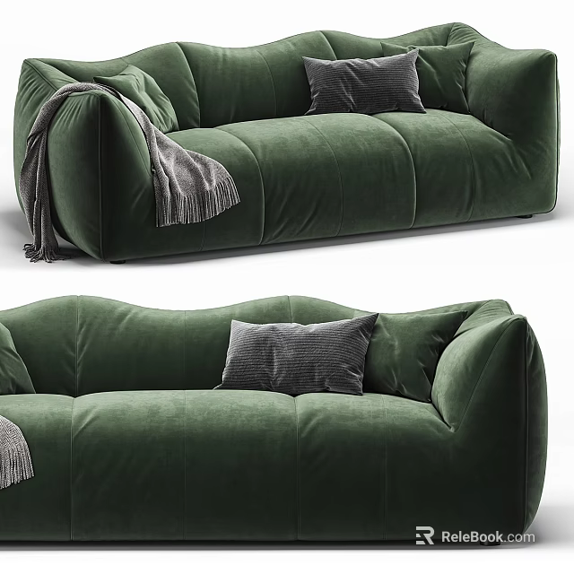 Green Velvet Sectional Sofa with Gray Blanket Soft Lines and Decorative Pillows 3d model 