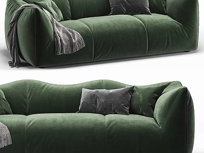 Green Velvet Sectional Sofa with Gray Blanket Soft Lines and Decorative Pillows 3d model