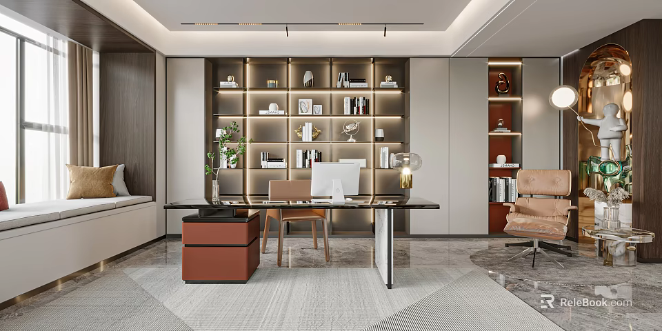 Modern Study Room Interior With Bookshelves And Workspace 3d model