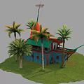 Cartoon Scene Showcasing Colorful Blue Red House Red Roof Palm Trees Grass Path And Benches