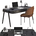 Modern Black Desk With Laptop Headphones Desk Lamp And Brown Chair