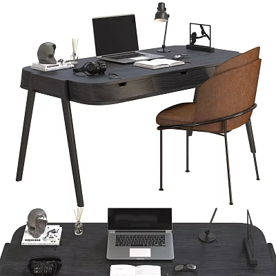 Modern Black Desk With Laptop Headphones Desk Lamp And Brown Chair 3d model