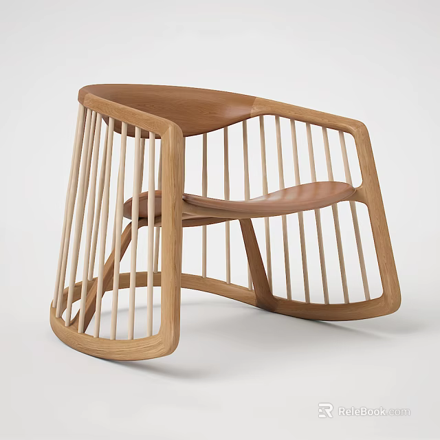 Modern Wooden Leisure Chair With Slatted Backrest And Curved Rocking Frame 3d model 