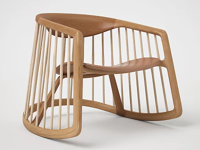 Modern Wooden Leisure Chair With Slatted Backrest And Curved Rocking Frame 3d model