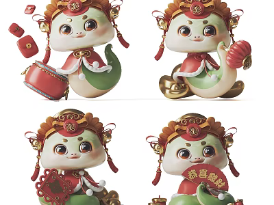 Cartoon Sculptures in Red Green Traditional Costume with Decorations Drum Lantern Chinese Knot Gold Ingot 3d model
