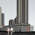 Modern High Rise Residential Buildings With Central Entrance Fountain Car And Green Landscape