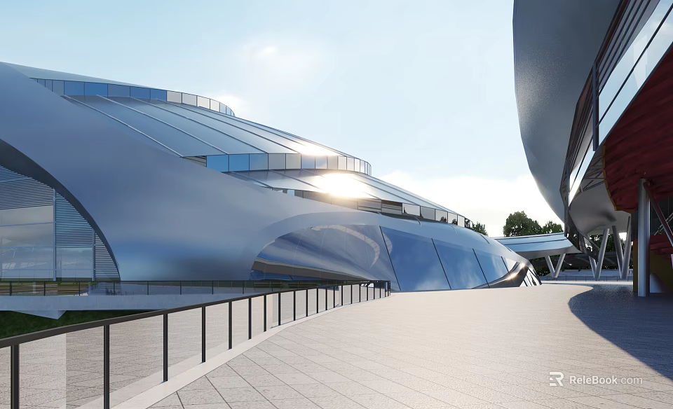 Modern Sleek Architecture With Curved Glass Facade And Sunlit Outdoor Plaza Walkway 3d model 