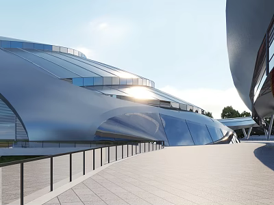 Modern Sleek Architecture With Curved Glass Facade And Sunlit Outdoor Plaza Walkway 3d model