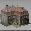 Historic Two Story Building with Red Roof Brick Exterior Windows and Front Porch Greenery