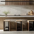 Modern Kitchen Interior With Wooden Cabinets Island Counter Stools Stone Backsplash And Hanging Light