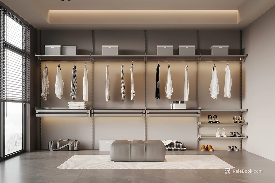 Modern Walk-in Closet Interior Design With Hanging Clothes Shoe Shelves And Storage Boxes 3d model 