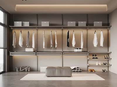 Modern Walk-in Closet Interior Design With Hanging Clothes Shoe Shelves And Storage Boxes 3d model