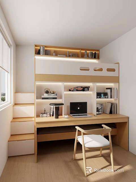 Kids Room Interior With Bunk Bed Staircase Steps Study Desk And Bookshelf 3d model