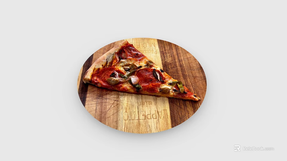 A Delicious Pizza Slice on Wooden Tray with Fresh Toppings and Crust 3d model 