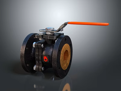Sturdy Black Ball Valve With Orange Handle And Flanged Metal Connections 3d model