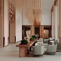 Elegant Modern Hotel Lobby Interior With Pendant Lights Leather Sofas And Wooden Reception Desk