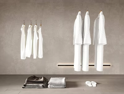 White Clothes Hanging In Minimalist Room With Towels And Slippers 3d model