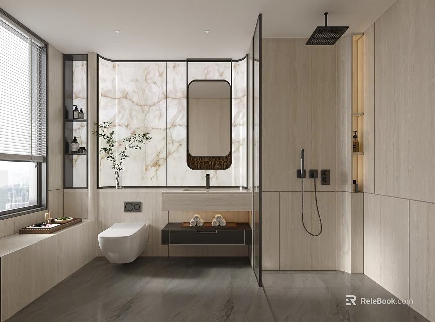 Modern Bathroom Interior Design With Marble Wall Shower Area Vanity Mirror And Toilet 3d model 