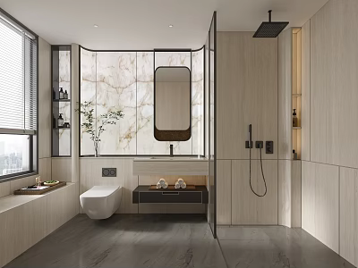 Modern Bathroom Interior Design With Marble Wall Shower Area Vanity Mirror And Toilet 3d model
