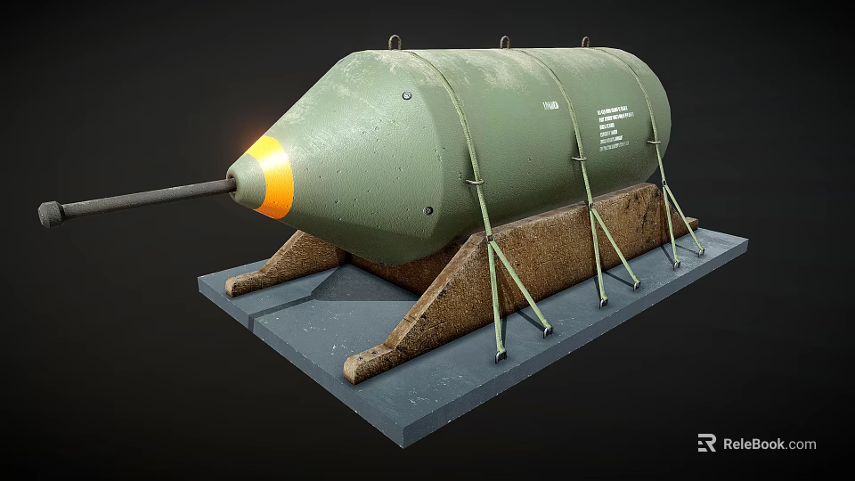 Green Military Bomb With Smooth Cylindrical Exterior Orange Tip And Support Stand 3d model 