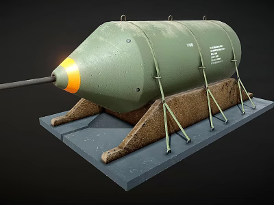 Green Military Bomb With Smooth Cylindrical Exterior Orange Tip And Support Stand 3d model