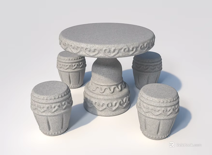 Round Stone Outdoor Table with Carved Patterns and Four Matching Stools 3d model