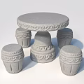 Round Stone Outdoor Table with Carved Patterns and Four Matching Stools 3d model