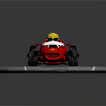 Red Racing Car With Yellow Helmet And Logo On Circular Gray Platform With White Lines
