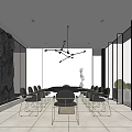 Modern Conference Room Interior With Long Table Black Chairs Glass Walls Pendant Light And Greenery
