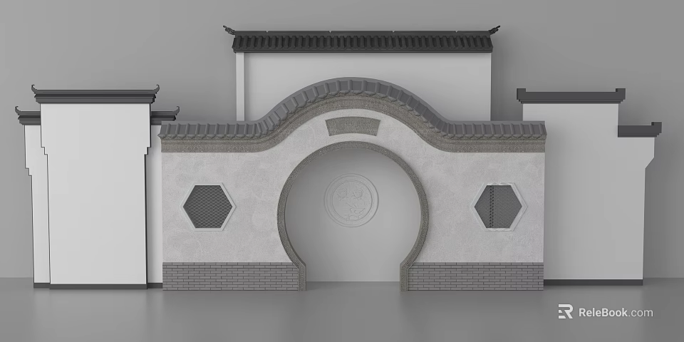 Traditional Chinese Garden Wall with Arched Doorway Traditional Tiled Roof and Hexagonal Lattice Windows 3d model 