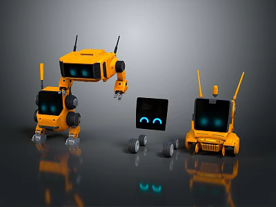 Yellow Robots As Game And Movie Characters With Blue Eyes And Mechanical Designs 3d model