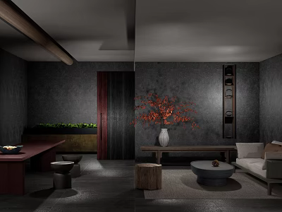 Modern Hotel Public Lounge With Cozy Sofa Round Coffee Table And Decorative Plants 3d model