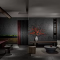 Modern Hotel Public Lounge With Cozy Sofa Round Coffee Table And Decorative Plants