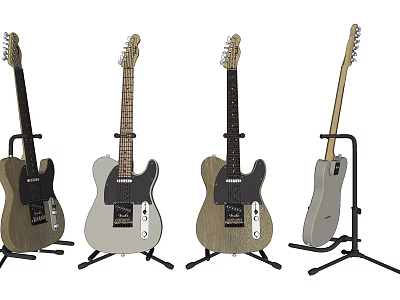 Various Electric Guitars On Stands With Wooden And Gray Finishes Display Collection 3d model