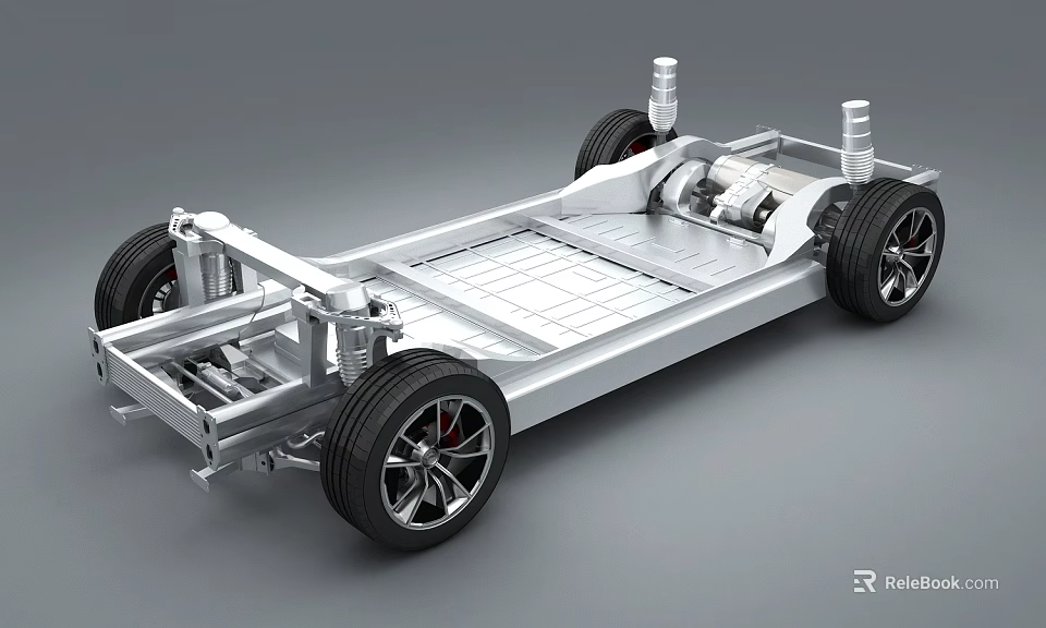 Electric Vehicle Car Chassis With Battery Pack Wheels And Motor Components 3d model