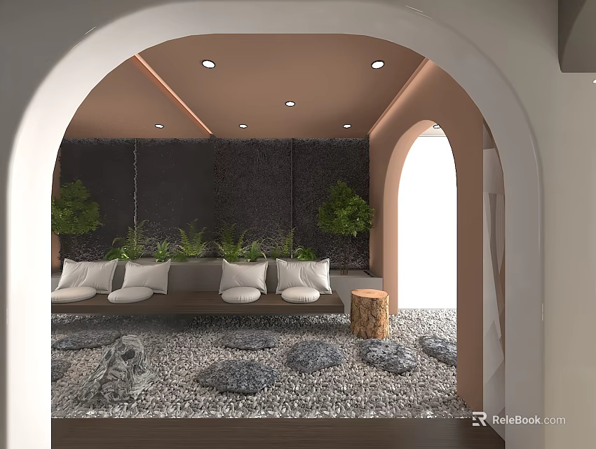 Cozy Interior Space With Archway Brown Black Walls Green Plants Sofa Pebble Floor Wooden Stump Table 3d model 