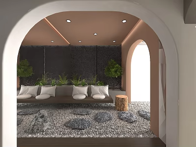Cozy Interior Space With Archway Brown Black Walls Green Plants Sofa Pebble Floor Wooden Stump Table 3d model