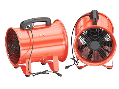 Two Red Industrial Fans With Black Handles Power Cords And Base Stands 3d model