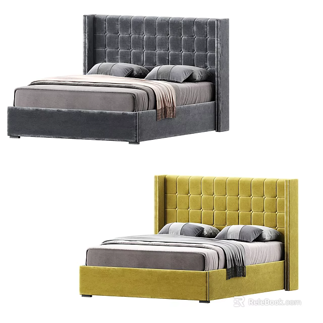 Modern Upholstered Double Bed with Tufted Headboard in Gray and Yellow 3d model