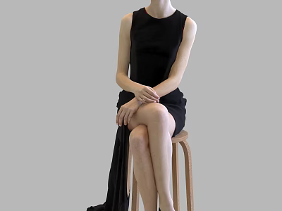 Woman in Black Sleeveless Dress Sitting on Wooden Stool Against Gray Background 3d model
