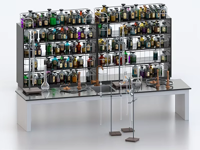 Organized Laboratory Shelves With Colorful Chemical Bottles And Glassware On Table 3d model