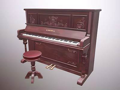 Musical Instrument Dark Brown Upright Piano With Carved Patterns And Red Stool Design 3d model