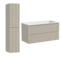 Modern Sleek Washbasin Vanity With Striped Panels Matching Tall Cabinet And White Top