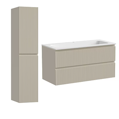 Modern Sleek Washbasin Vanity With Striped Panels Matching Tall Cabinet And White Top 3d model
