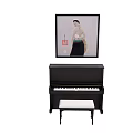 Black Upright Piano With Framed Painting Above And White Bench In Home Decor