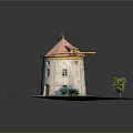 White Circular Tower with Pink Roof Windows Grass Path and Small Tree 3d model
