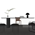 Modern Table And Chair Set With Brown Chairs Transparent Stools Green Plant And Table Lamp