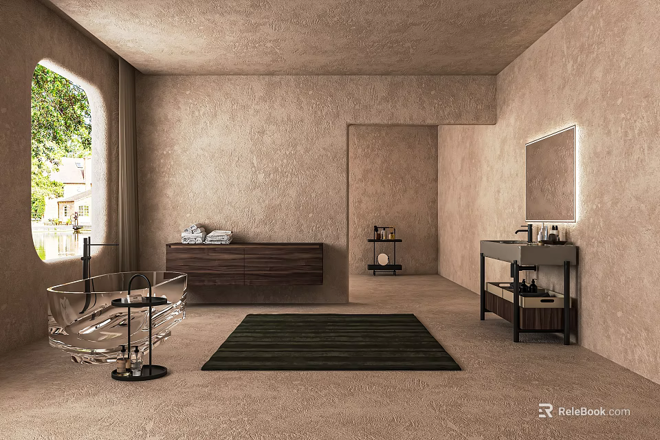 Modern Minimalist Industrial Bathroom With Textured Walls Wooden Vanity Glass Chair Green Rug And Mirror 3d model 